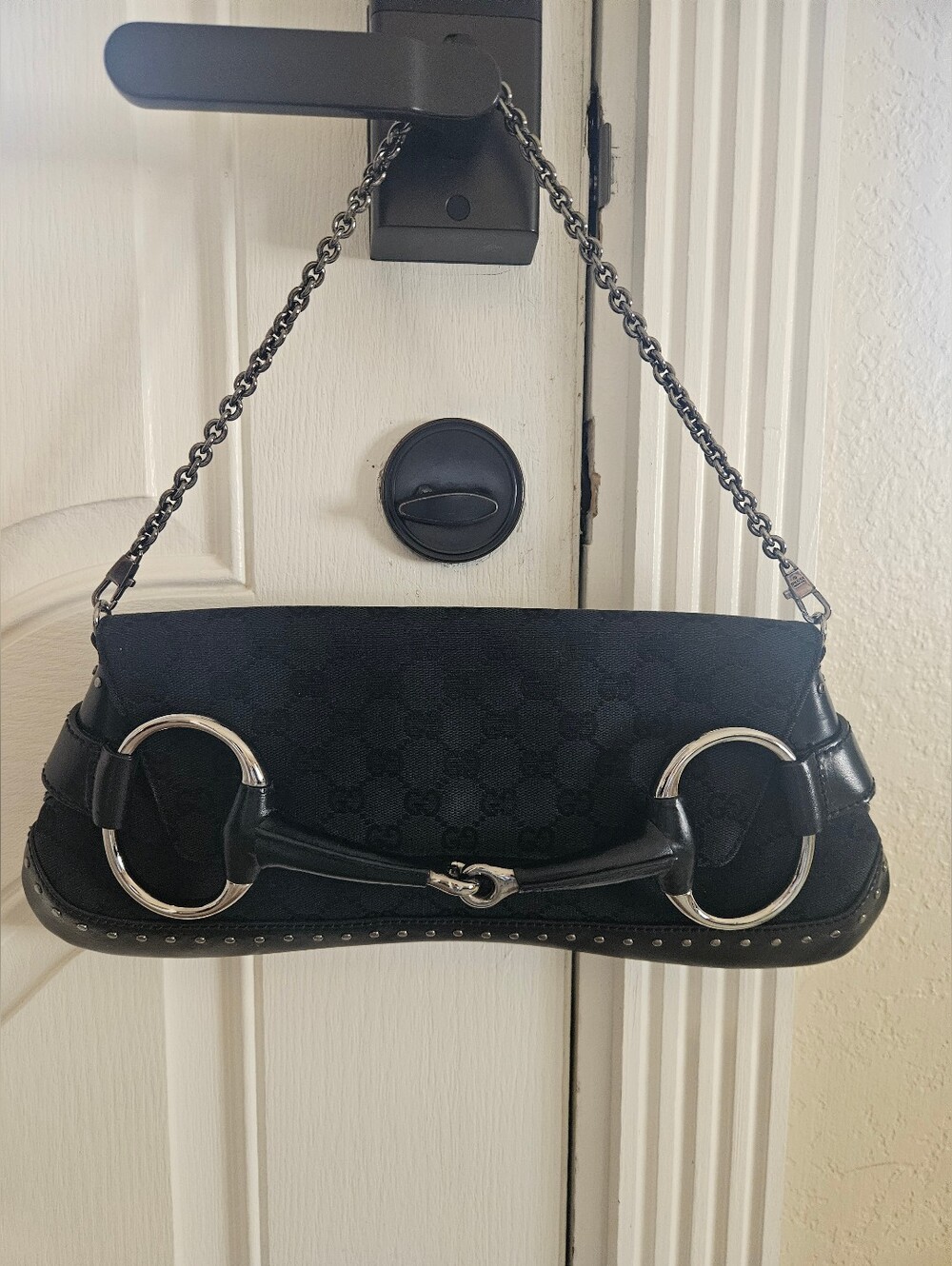 Gucci 1927 Black Monogram Horsebit Shoulder Bag with Chain Strap